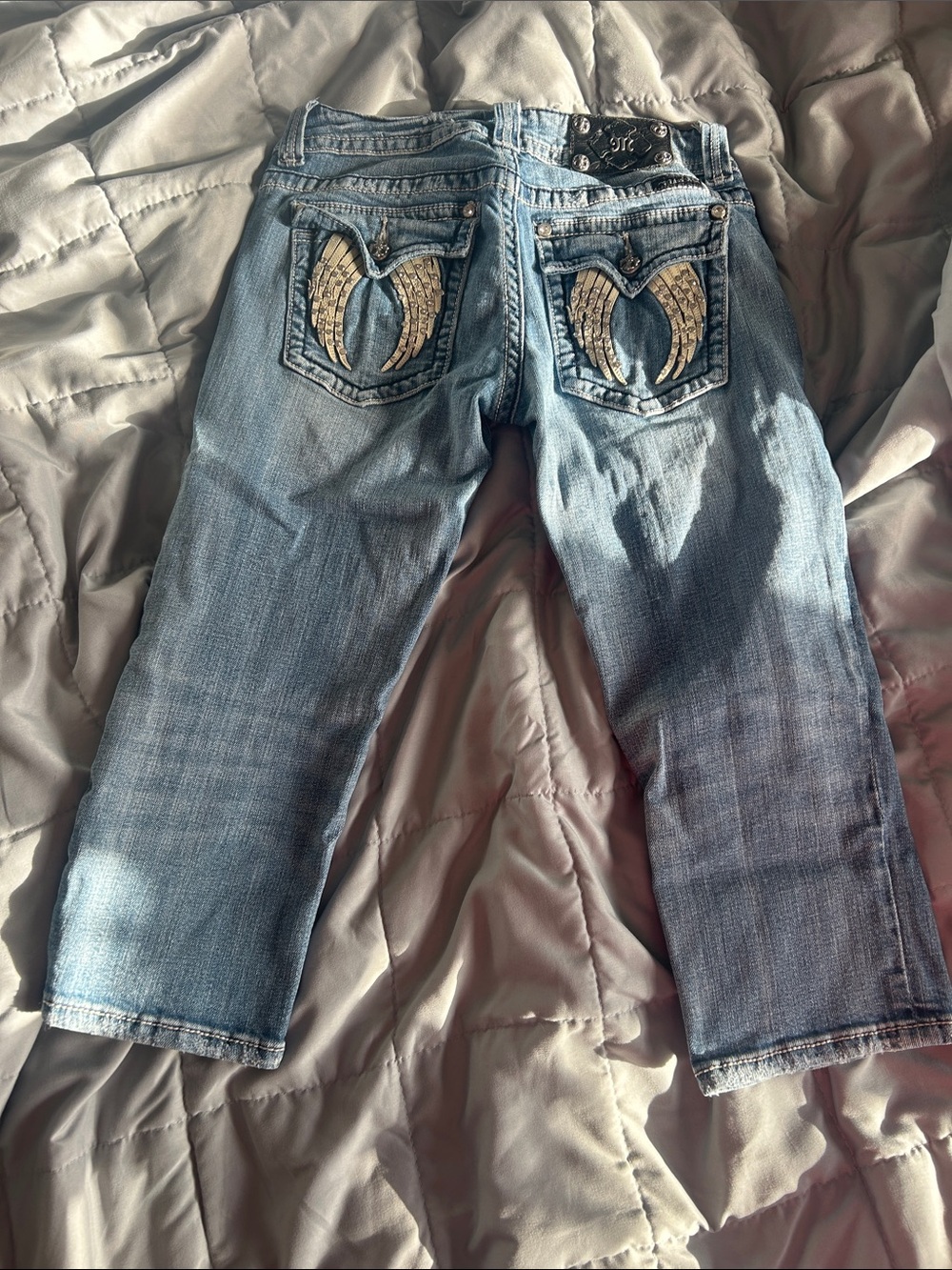 Miss Me Blue Denim Jeweled Wing Pocket Capris